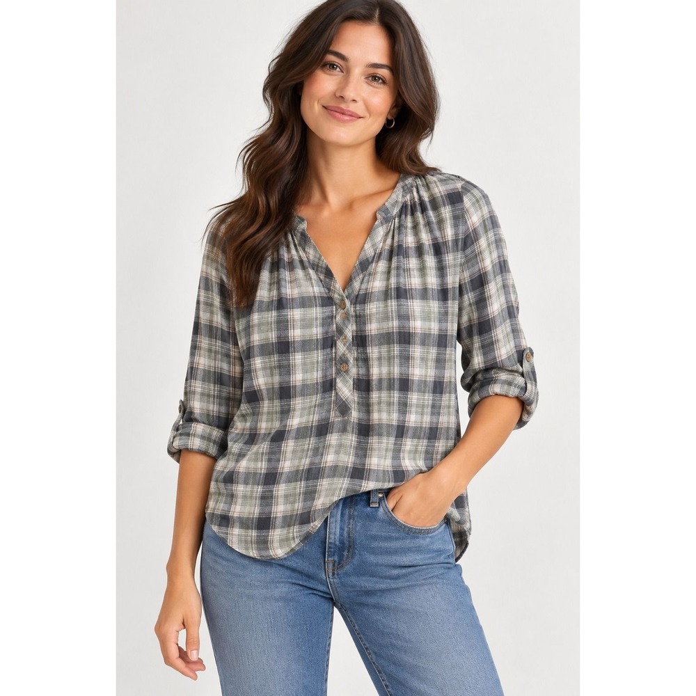 Universal Thread Womens Plaid Long Sleeve Cotton Gauze Blouse Olive Green Size M